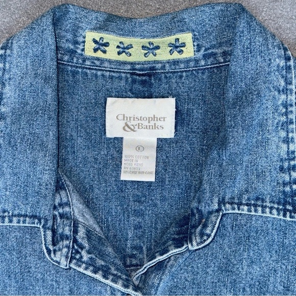Christopher & Banks Blue Denim Cotton Shirt Jacket floral embroidered size L - Picture 6 of 16